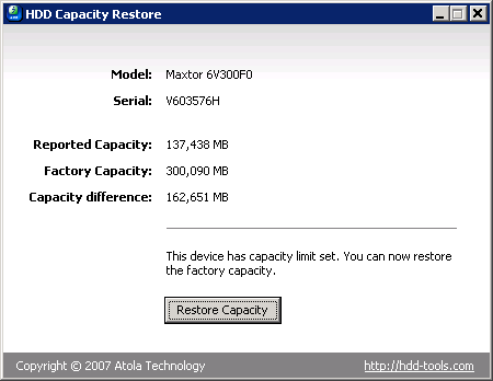 HDD Capacity Restore Tool для Windows