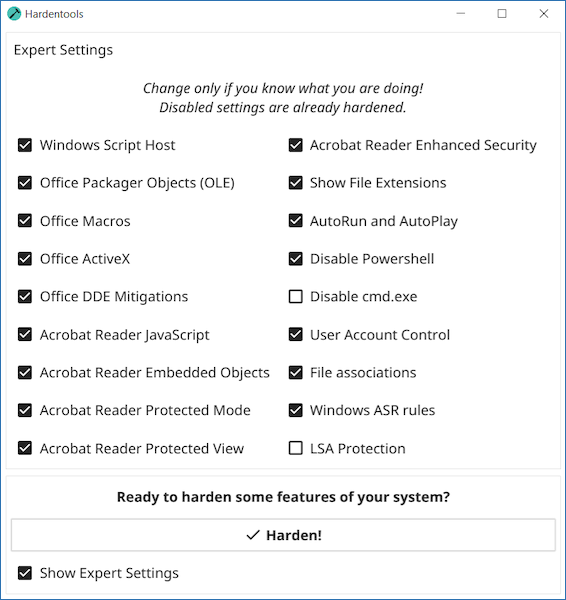 Hardentools для Windows