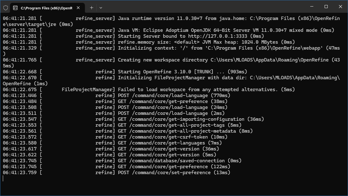 OpenRefine cmd скриншот